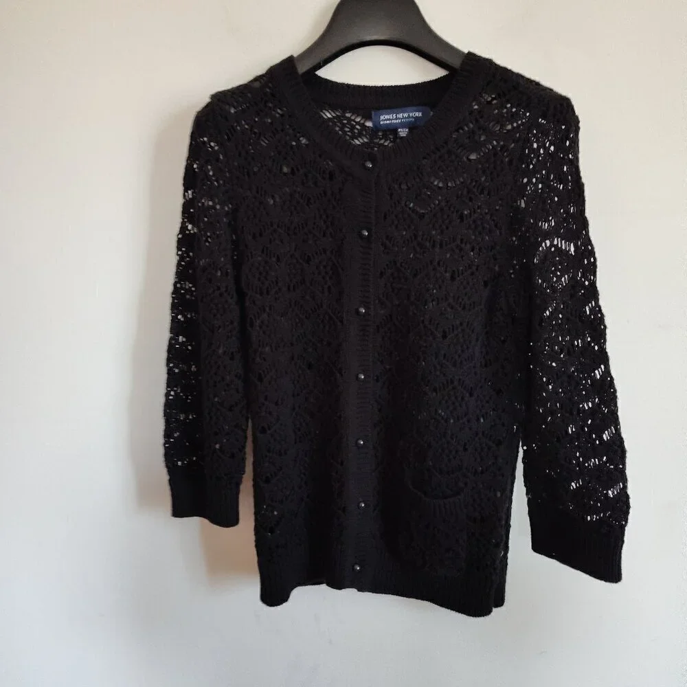 Ladies Petite SZ PS Jones New York Black Lace Cardigan Sweater